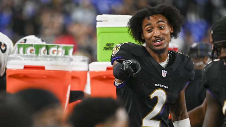 Baltimore Ravens cornerback Nate Wiggins reacts on the sidelines during the second half against the Buffalo Bills. Baltimore Ravens cornerback Nate Wiggins reacts on the sidelines during the second half against the Buffalo Bills.
