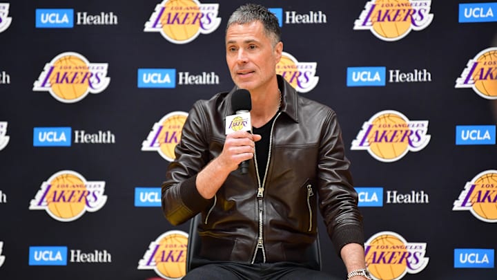 Feb 4, 2025; El Segundo, CA, USA; Los Angeles Lakers vice president of basketball operations and general manager Rob Pelinka speaks before introducing Luka Doncic at UCLA Health Training Center. Mandatory Credit: Gary A. Vasquez-Imagn Images
