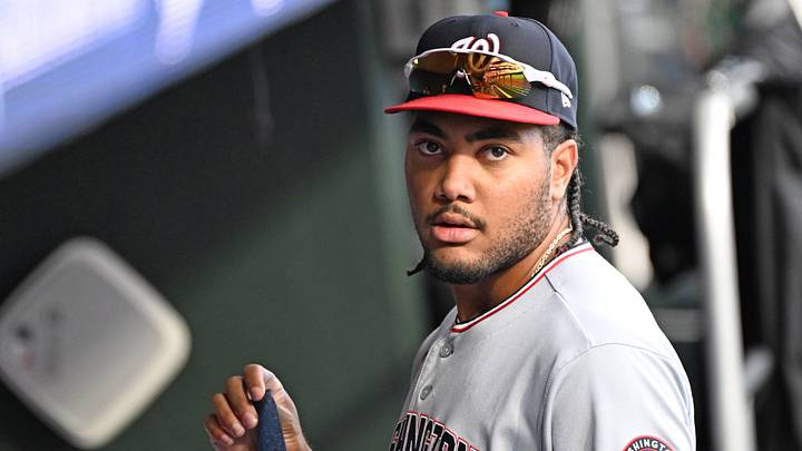 Aug 3, 2026; Philadelphia, Pennsylvania, USA; Washington Nationals right fielder James Wood (29) in the dugout against the Philadelphia Phillies at Citizens Bank Park. Mandatory Credit: Eric Hartline-Imagn Images