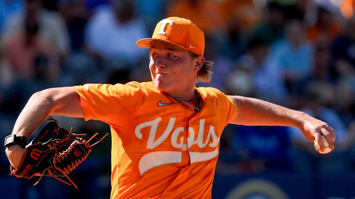 May 22, 2025; Hoover, AL, USA; Tennessee pitcher Liam Doyle (12) pitches against Texas in the third round of the SEC Baseball Tournament at the Hoover Met.
