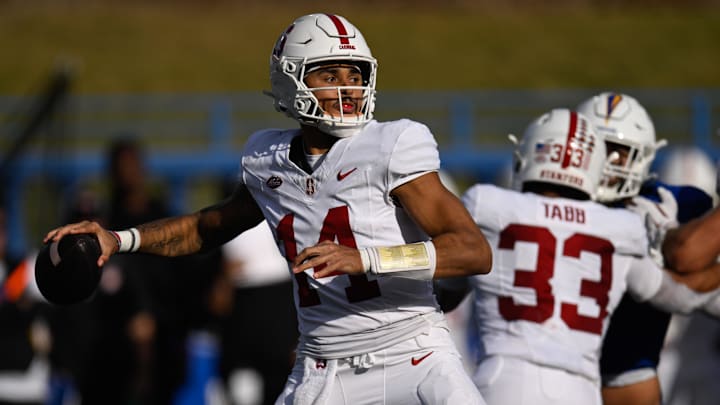 Nov 29, 2024; San Jose, California, USA; Stanford Cardinal quarterback Ashton Daniels (14) throws against the San Jose State Spartans in the second quarter at CEFCU Stadium. Mandatory Credit: Eakin Howard-Imagn Images