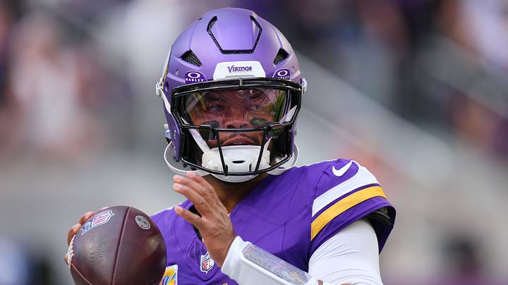 Minnesota Vikings quarterback Kyler Murray (1) warms up before the game against the Miami Dolphins at U.S. Bank Stadium.  Mandatory Credit: Brad Rempel-Imagn Images