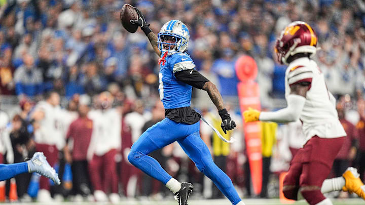 Detroit Lions wide receiver Jameson Williams (9) runs against Washington Commanders during the first half of the NFC divisional round at Ford Field in Detroit on Saturday, Jan. 18, 2025.