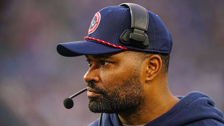 Dec 28, 2024; Foxborough, Massachusetts, USA; New England Patriots head coach Jerod Mayo watches from the sideline as they take on the Los Angeles Chargers at Gillette Stadium. Mandatory Credit: David Butler II-Imagn Images