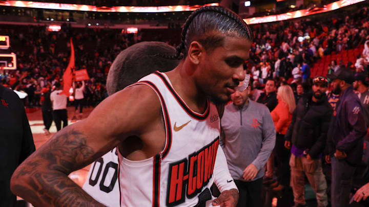Jan 5, 2025; Houston, Texas, USA; Houston Rockets guard Jalen Green (4) runs off the court after defeating the Los Angeles Lakers at Toyota Center. Mandatory Credit: Thomas Shea-Imagn Images Jan 5, 2025; Houston, Texas, USA; Houston Rockets guard Jalen Green (4) runs off the court after defeating the Los Angeles Lakers at Toyota Center. Mandatory Credit: Thomas Shea-Imagn Images