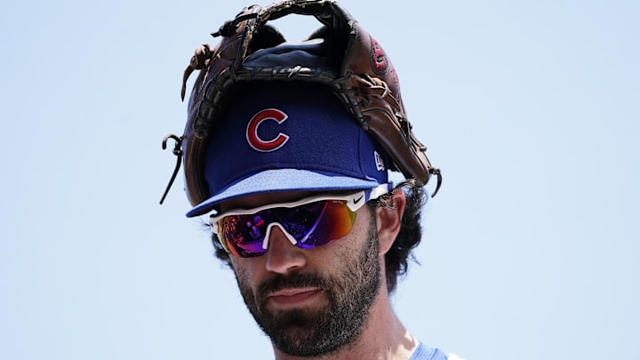 May 23, 2024; Chicago, Illinois, USA; Chicago Cubs shortstop Dansby Swanson (7) before the game against the Atlanta Braves at Wrigley Field. Mandatory Credit: David Banks-USA TODAY Sports