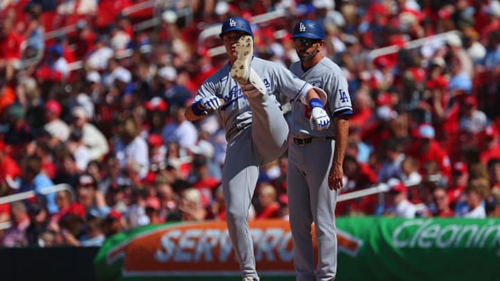 ST LOUIS, MISSOURI - MAY 3: Alex Call #12 of the Los Angeles Dodgers celebrates after hitting RBI single against the St. Louis Cardinals in the ninth inning at Busch Stadium on May 3, 2026 in St Louis, Missouri.
