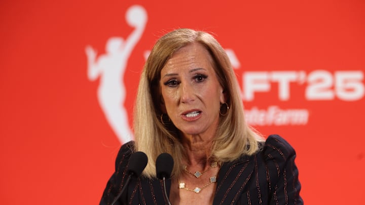 Apr 14, 2025; New York, New York, USA; WNBA commissioner Cathy Engelbert talks to the media before the 2025 WNBA Draft at The Shed at Hudson Yards. Mandatory Credit: Vincent Carchietta-Imagn Images