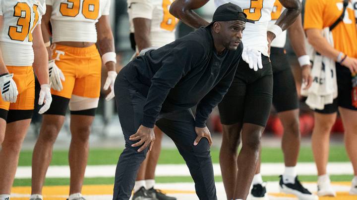 Wide receivers coach Kelsey Pope, during Tennessee football preseason practice in Knoxville, Tennessee, Aug. 14, 2026. Wide receivers coach Kelsey Pope, during Tennessee football preseason practice in Knoxville, Tennessee, Aug. 14, 2026.