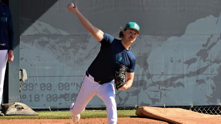 Feb 12, 2026; Peoria, AZ, USA; Seattle Mariners pitcher Bryce Miller (50) throws during a Spring Training workout at Peoria Sports Complex. Mandatory Credit: Matt Kartozian-Imagn Images Feb 12, 2026; Peoria, AZ, USA; Seattle Mariners pitcher Bryce Miller (50) throws during a Spring Training workout at Peoria Sports Complex. Mandatory Credit: Matt Kartozian-Imagn Images