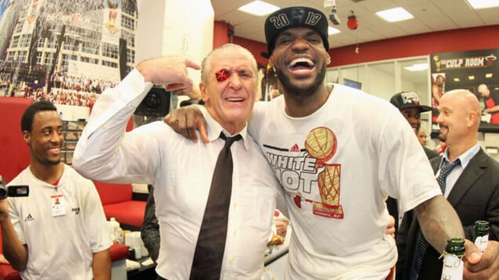 Miami Heat president of basketball operations Pat Riley (left) and LeBron James (right) after winning the NBA championship in 2013.