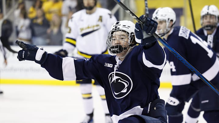 Penn State forward JJ Wiebusch celebrates his game-winning goal in overtime against the Michigan Wolverines during a Big Ten Tournament quarterfinal game at Yost Arena. Penn State forward JJ Wiebusch celebrates his game-winning goal in overtime against the Michigan Wolverines during a Big Ten Tournament quarterfinal game at Yost Arena.