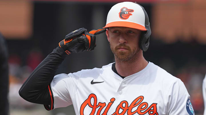 Apr 3, 2025; Baltimore, Maryland, USA; Baltimore Orioles second baseman Jordan Westburg (11) gestures to his teammates during the third inning after driving in a run against the Boston Red Sox at Oriole Park at Camden Yards. Apr 3, 2025; Baltimore, Maryland, USA; Baltimore Orioles second baseman Jordan Westburg (11) gestures to his teammates during the third inning after driving in a run against the Boston Red Sox at Oriole Park at Camden Yards.