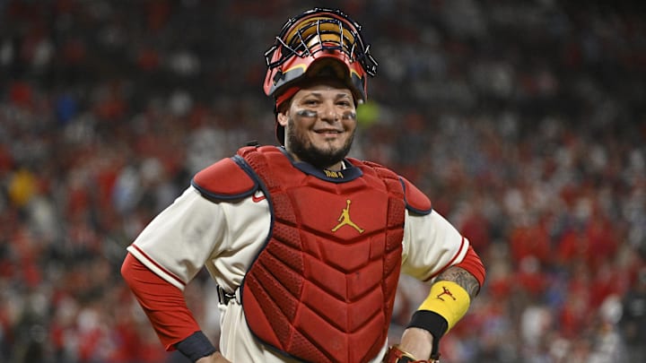 Oct 8, 2022; St. Louis, Missouri, USA; St. Louis Cardinals catcher Yadier Molina (4) reacts after the third out in the sixth inning against the Philadelphia Phillies during game two of the Wild Card series for the 2022 MLB Playoffs at Busch Stadium. Mandatory Credit: Jeff Curry-Imagn Images Oct 8, 2022; St. Louis, Missouri, USA; St. Louis Cardinals catcher Yadier Molina (4) reacts after the third out in the sixth inning against the Philadelphia Phillies during game two of the Wild Card series for the 2022 MLB Playoffs at Busch Stadium. Mandatory Credit: Jeff Curry-Imagn Images