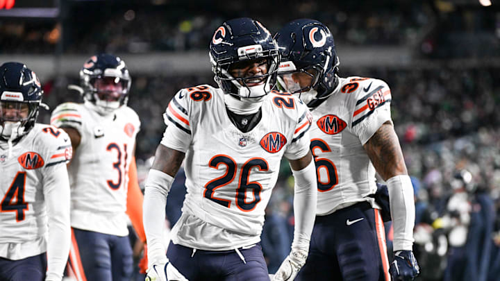 Nov 28, 2025; Philadelphia, Pennsylvania, USA; Chicago Bears cornerback Nahshon Wright (26) celebrates after recovering a fumble against the Philadelphia Eagles during the third quarter of the game at Lincoln Financial Field. Mandatory Credit: Eric Hartline-Imagn Images