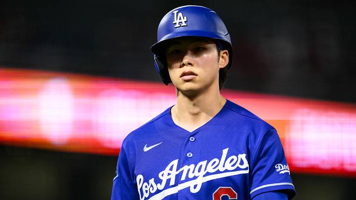 May 15, 2026; Anaheim, California, USA; Los Angeles Dodgers second baseman Hyeseong Kim (6) looks on during the ninth inning against the Los Angeles Angels at Angel Stadium. Mandatory Credit: William Liang-Imagn Images