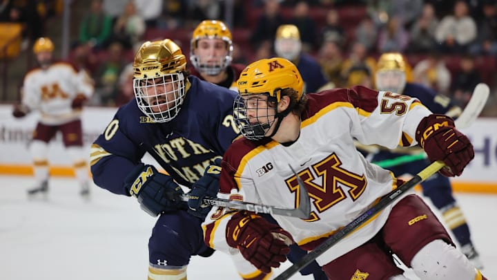 Leo Gruba skating by a Notre Dame defender during Minnesota Big Ten Tournament quarterfinal loss.
