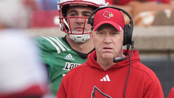 White Louisville’s head coach Jeff Brohm watches his team against Red Louisville in the Spring Game Friday night at L & N Stadium.
April 11, 2025