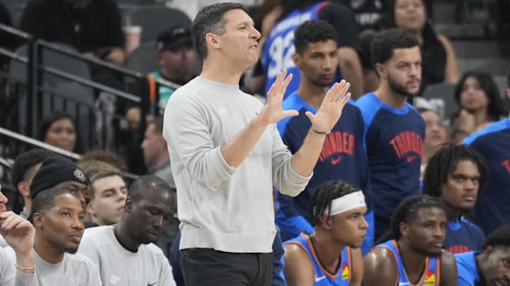 Oct 7, 2024; San Antonio, Texas, USA; Oklahoma City Thunder head coach Mark Daigneault signals to players during the first half against the San Antonio Spurs at Frost Bank Center. Mandatory Credit: Scott Wachter-Imagn Images