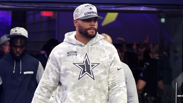 Nov 10, 2024; Arlington, Texas, USA; Dallas Cowboys quarterback Dak Prescott (4) walks on to the field before the game against the Philadelphia Eagles at AT&T Stadium. Mandatory Credit: Tim Heitman-Imagn Images