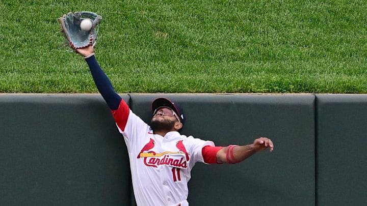 May 4, 2025; St. Louis, Missouri, USA; St. Louis Cardinals outfielder Victor Scott II (11) makes the catch in centerfield on a ball hit by New York Mets outfielder Juan Soto, not pictured, in the fourth inning at Busch Stadium. Mandatory Credit: Tim Vizer-Imagn Images May 4, 2025; St. Louis, Missouri, USA; St. Louis Cardinals outfielder Victor Scott II (11) makes the catch in centerfield on a ball hit by New York Mets outfielder Juan Soto, not pictured, in the fourth inning at Busch Stadium. Mandatory Credit: Tim Vizer-Imagn Images