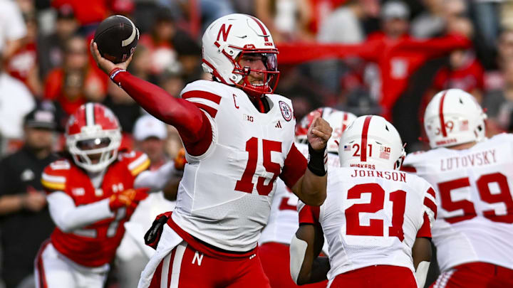 Nebraska Cornhuskers quarterback Dylan Raiola (15) throws from the pocket during the game against the Maryland Terrapins