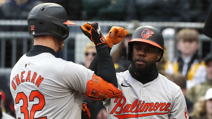 Apr 5, 2024; Pittsburgh, Pennsylvania, USA; Baltimore Orioles designated hitter Ryan O'Hearn (32) celebrates his solo home run against the Pittsburgh Pirates with center fielder Cedric Mullins (31) during the second inning at PNC Park. Apr 5, 2024; Pittsburgh, Pennsylvania, USA; Baltimore Orioles designated hitter Ryan O'Hearn (32) celebrates his solo home run against the Pittsburgh Pirates with center fielder Cedric Mullins (31) during the second inning at PNC Park.