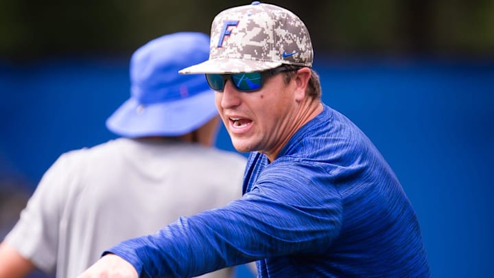 Co-Offensive Coordinator / Tight Ends Coach Russ Callaway, coaches during Fall practice at Sanders Practice Fields in Gainesville, FL on Tuesday, August 13, 2024. [Doug Engle/Gainesville Sun]
