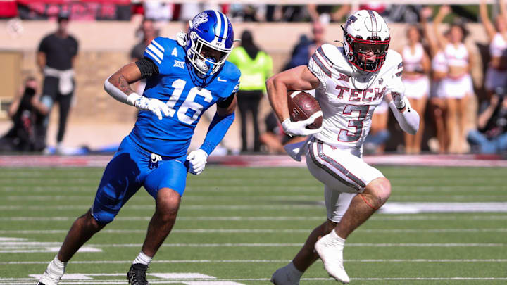 Texas Tech's Coy Eakin runs after a catch against BYU during a Big 12 Conference football game, Saturday, Nov. 8, 2025, at Jones AT&T Stadium. Texas Tech's Coy Eakin runs after a catch against BYU during a Big 12 Conference football game, Saturday, Nov. 8, 2025, at Jones AT&T Stadium.