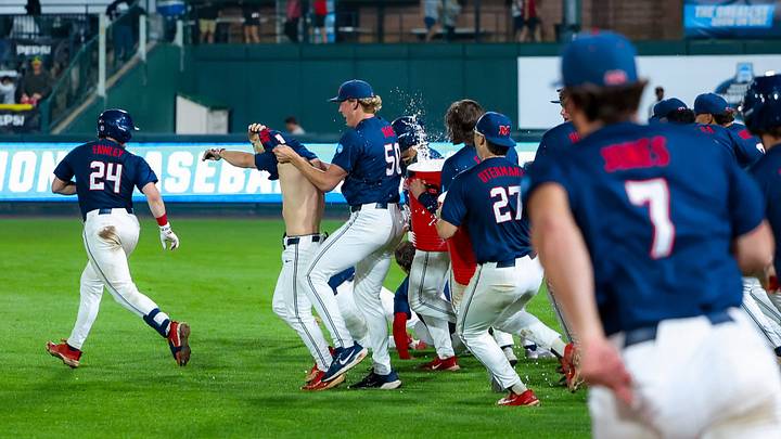 Ole Miss Rebels baseball players celebrate with Brayden Randle after Randle's walk-off single against the Arizona State Sun Devils in the Lincoln Regional in Lincoln, Neb., on May 29, 2026. Ole Miss Rebels baseball players celebrate with Brayden Randle after Randle's walk-off single against the Arizona State Sun Devils in the Lincoln Regional in Lincoln, Neb., on May 29, 2026.