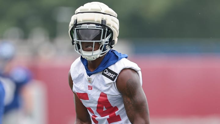 Jul 24, 2024; East Rutherford, NJ, USA; New York Giants linebacker Dyontae Johnson (54) participates in drills during training camp at Quest Diagnostics Training Facility. Jul 24, 2024; East Rutherford, NJ, USA; New York Giants linebacker Dyontae Johnson (54) participates in drills during training camp at Quest Diagnostics Training Facility.