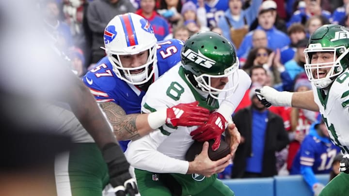 Buffalo Bills defensive end AJ Epenesa sacks New York Jets quarterback Aaron Rodgers.
