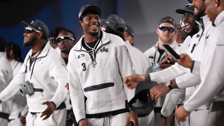 Feb 2, 2026; San Jose, CA, USA; Seattle Seahawks safety Nick Emmanwori (3) on stage during Opening Night for Super Bowl LX at San Jose Convention Center. 
