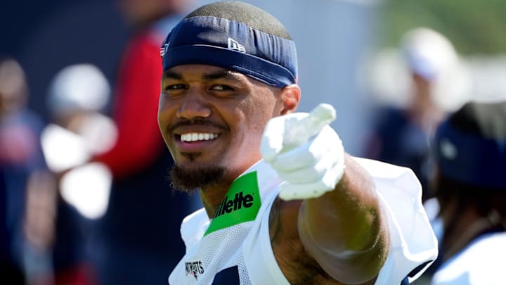 Wide receiver Kendrick Bourne works out on the opening day of New England Patriots training camp on July 23, 2025, at Gillette Stadium in Foxboro, Massachusetts.