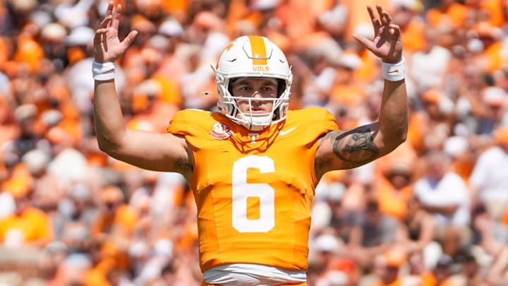 Tennessee quarterback Joey Aguilar (6) celebrates a successful drive during the NCAA college football game against UAB on September 20, 2025, in Knoxville, Tennessee.