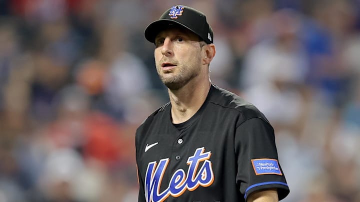 Jul 28, 2023; New York City, New York, USA; New York Mets starting pitcher Max Scherzer (21) reacts during the fifth inning against the Washington Nationals at Citi Field. Mandatory Credit: Brad Penner-Imagn Images
