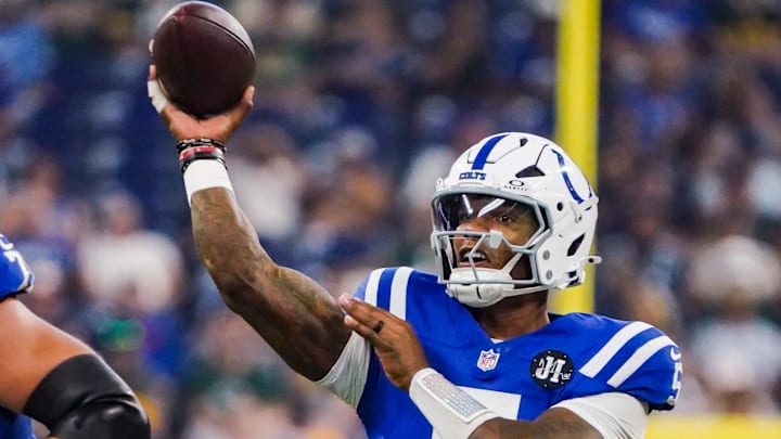 Indianapolis Colts quarterback Anthony Richardson Sr. (5) passes the ball on Saturday, Aug. 16, 2025, during a game against the Green Bay Packers at Lucas Oil Stadium in Indianapolis.