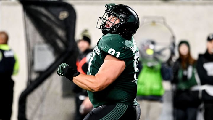 Michigan State's Alex VanSumeren celebrates after a sack against Purdue during the second quarter on Friday, Nov. 22, 2024, at Spartan Stadium in East Lansing.