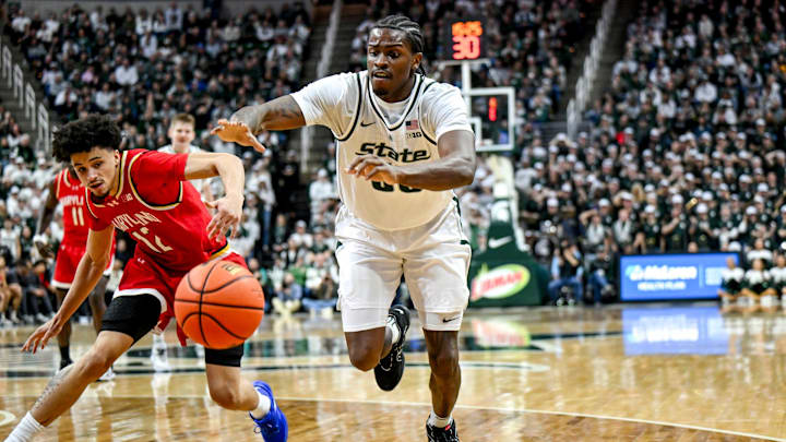 Michigan State's Coen Carr, right, and Maryland's Isaiah Watts go after the ball during the second half on Saturday, Jan. 24, 2026, at the Breslin Center in East Lansing. Michigan State's Coen Carr, right, and Maryland's Isaiah Watts go after the ball during the second half on Saturday, Jan. 24, 2026, at the Breslin Center in East Lansing.
