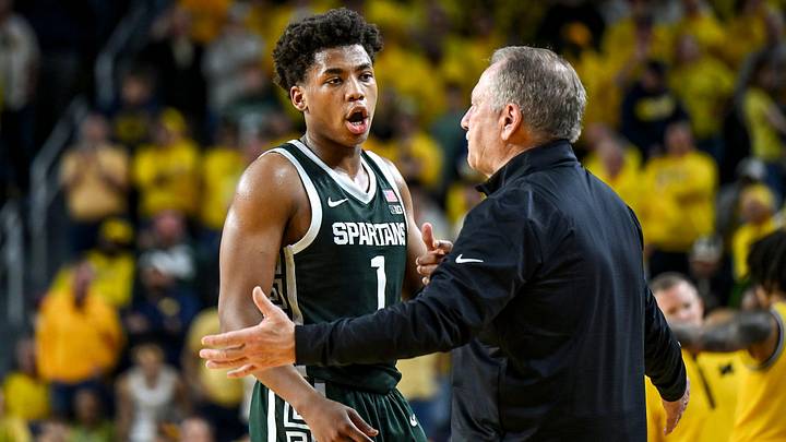 Michigan State's Jeremy Fears Jr., left, talks with head coach Tom Izzo during the second half in the game against Michigan on Sunday, March 8, 2026, at the Crisler Center in Ann Arbor. Michigan State's Jeremy Fears Jr., left, talks with head coach Tom Izzo during the second half in the game against Michigan on Sunday, March 8, 2026, at the Crisler Center in Ann Arbor.