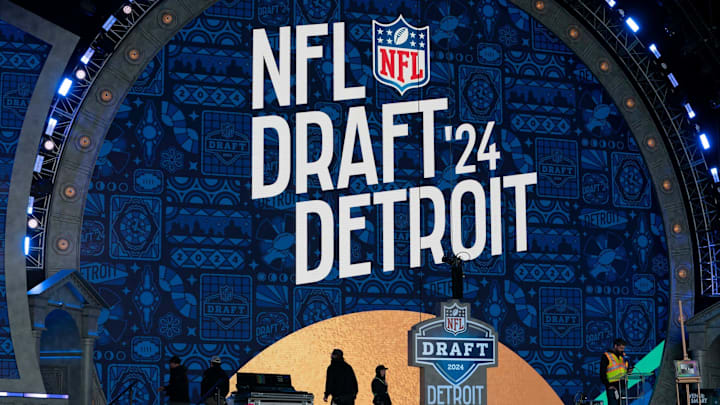 Members of the NFL are setting up the main theater area on Tuesday, April 23, 2024 for the NFL DRAFT