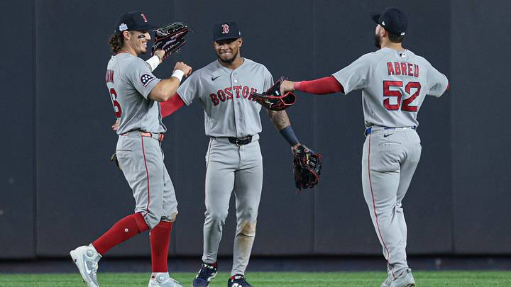 Jun 5, 2026; Bronx, New York, USA; Boston Red Sox left fielder Jarren Duran (16) celebrates with center fielder Ceddanne Rafaela (3) and right fielder Wilyer Abreu (52) after defeating the against the New York Yankees at Yankee Stadium. Mandatory Credit: Vincent Carchietta-Imagn Images Jun 5, 2026; Bronx, New York, USA; Boston Red Sox left fielder Jarren Duran (16) celebrates with center fielder Ceddanne Rafaela (3) and right fielder Wilyer Abreu (52) after defeating the against the New York Yankees at Yankee Stadium. Mandatory Credit: Vincent Carchietta-Imagn Images