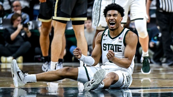 Michigan State's Jaden Akins celebrates after drawing Purdue foul during the second half on Tuesday, Feb. 18, 2025, at the Breslin Center in East Lansing.