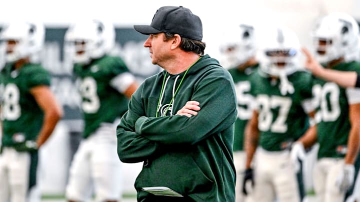 Michigan State head coach Jonathan Smith looks on during practice on Tuesday, April 8, 2025, in East Lansing.