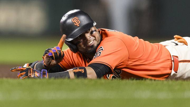 Jun 12, 2026: San Francisco Giants second baseman Luis Arraez (1) gestures after he is called out at first base during the sixth inning against against the Chicago Cubs at Oracle Park. 