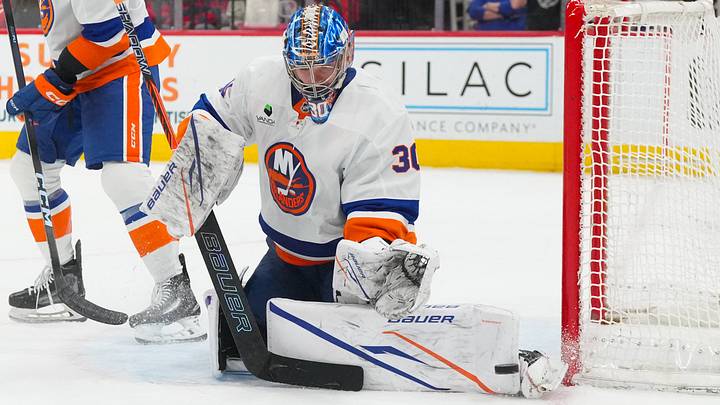 Apr 4, 2026; Raleigh, North Carolina, USA;  New York Islanders goaltender Ilya Sorokin (30) stops the shot against the Carolina Hurricanes during the third period at Lenovo Center. Mandatory Credit: James Guillory-Imagn Images