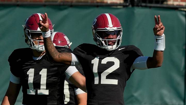 April 7, 2026; Tuscaloosa, AL, USA; Quarterback Keelon Russell signals to receivers during Spring Practice at the University of Alabama. April 7, 2026; Tuscaloosa, AL, USA; Quarterback Keelon Russell signals to receivers during Spring Practice at the University of Alabama.