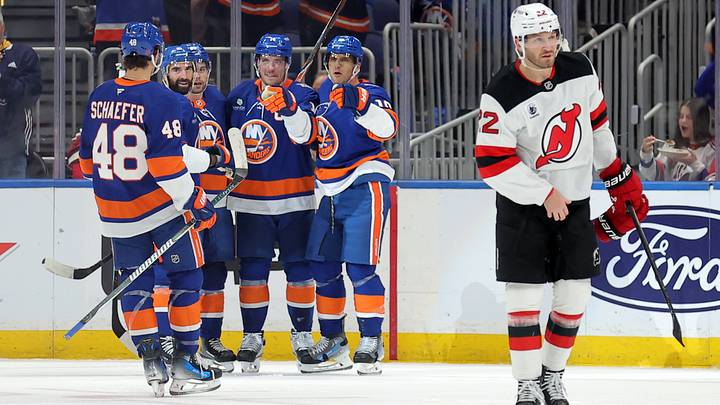 Oct 3, 2026; Elmont, New York, USA; New York Islanders center Bo Horvat (14) celebrates his goal against against the New Jersey Devils with teammates during the second period at UBS Arena. Mandatory Credit: Brad Penner-Imagn Images
