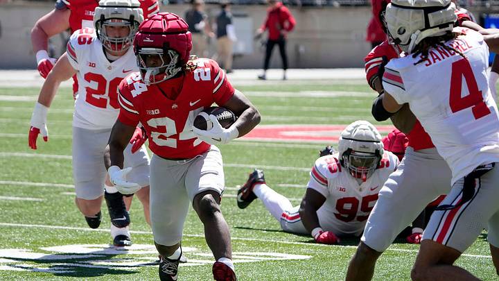 Ohio State Buckeye Scarlet Sam Williams-Dixon (24) carries the ball against team Gary defense in the 2nd half during the spring game at Ohio Stadium on April 12, 2025. Ohio State Buckeye Scarlet Sam Williams-Dixon (24) carries the ball against team Gary defense in the 2nd half during the spring game at Ohio Stadium on April 12, 2025.