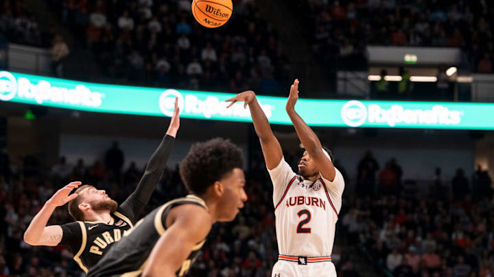 Auburn Tigers guard Denver Jones (2) takes a jump shot as Auburn Tigers take on Purdue Boilermakers